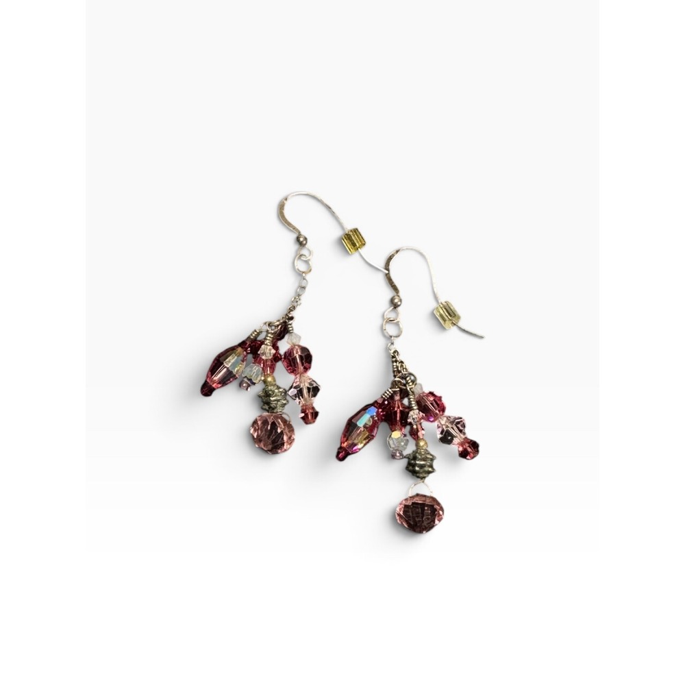 Crystal Cluster‎ Dangle Earrings Pink Silver Tone Beaded Boho